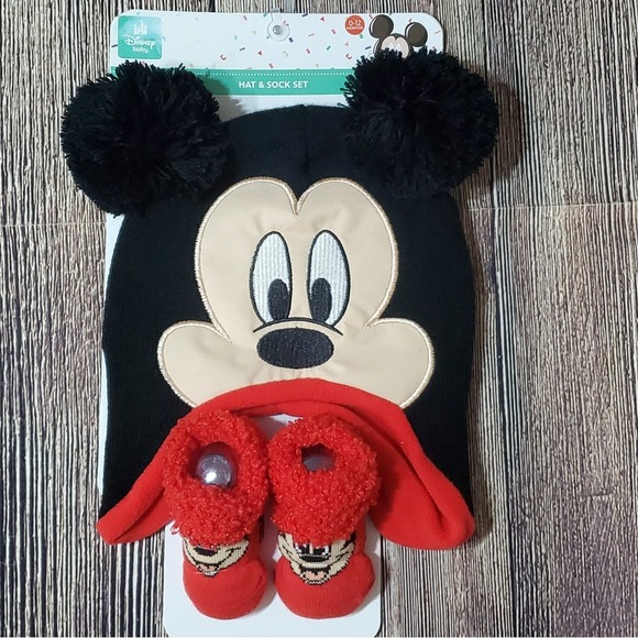 Disney Other - Mickey Mouse Disney Baby Hat & Bootie Sock 2 Pc Set Size 0 -‎ 12 Months NEW